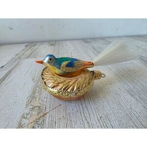Vintage blumchen inge glas glass bird nest spun ornament glitter gold Xmas tree